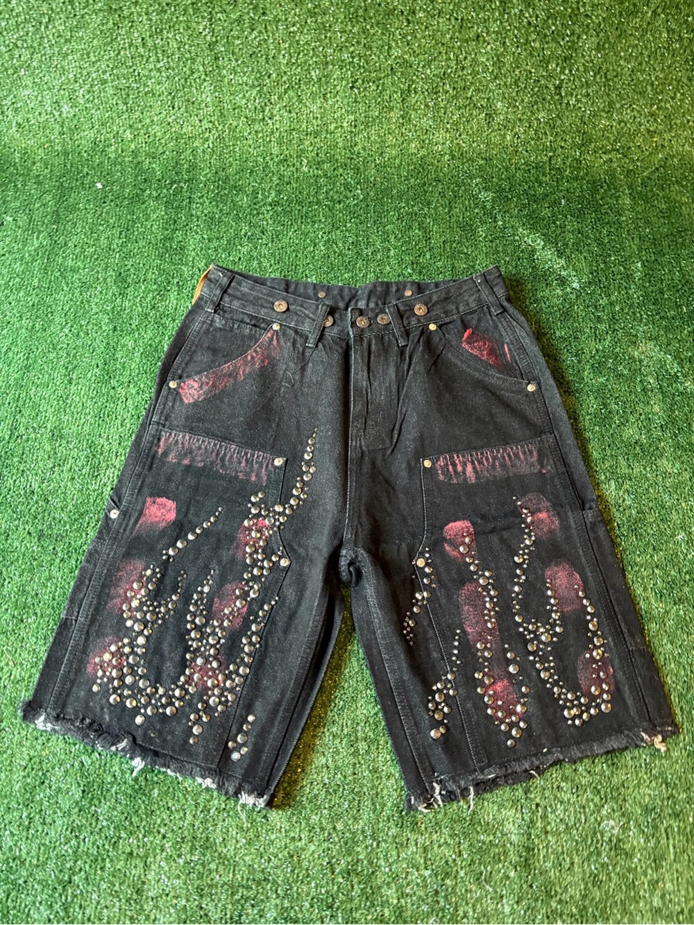 Black Distressed Jean Shorts with Stud & Red Accent